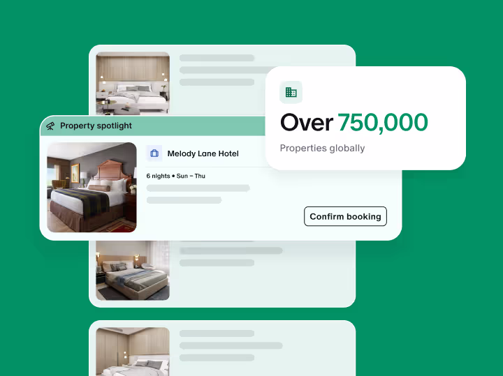 Hotel listings, and a badge that says 'over 750.000 properties'